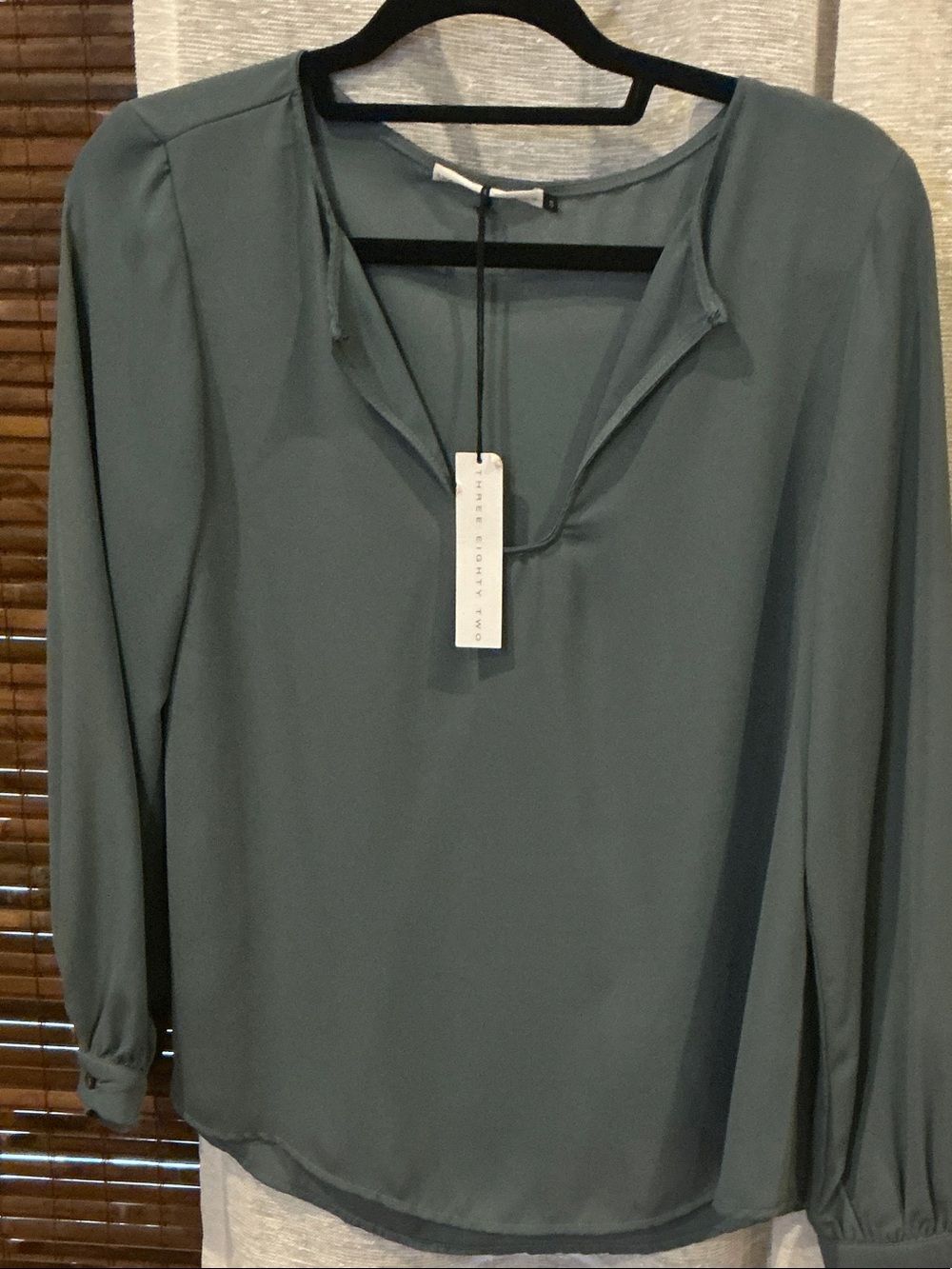 Three Eighty Two Slate Blue Split-Neck Long-Sleeve Blouse